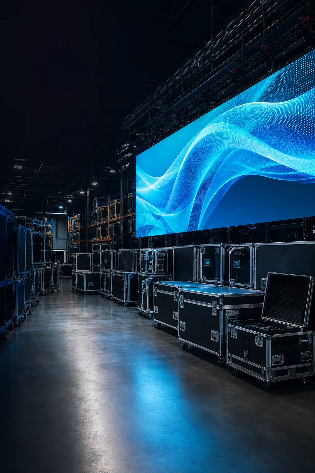 Large LED wall and equipment flight cases in an event production warehouse